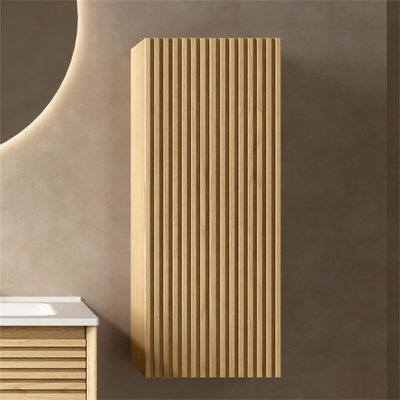 BOI 12-Inch Wall-Mounted Floating Striped Bathroom Vanity Side Cabinet With A Door And A Shelf, Corolla Oak Woodgrain