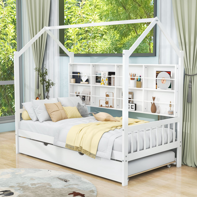 Lit de jour en bois avec couchette simple et tablettes, Lit simple