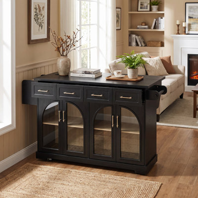 65-inch movable kitchen island featuring a drop-leaf extension and ample storage, with a unique arched glass cabinet door design and built-in power ou