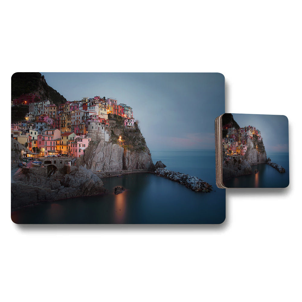 Cinque Terre Coastal Placemat and Coaster Set with Colorful Village