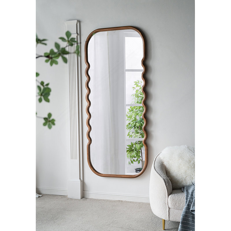 31.4X1.4X74" Oversized Wooden Floor Mirror With Unique Brown Frame