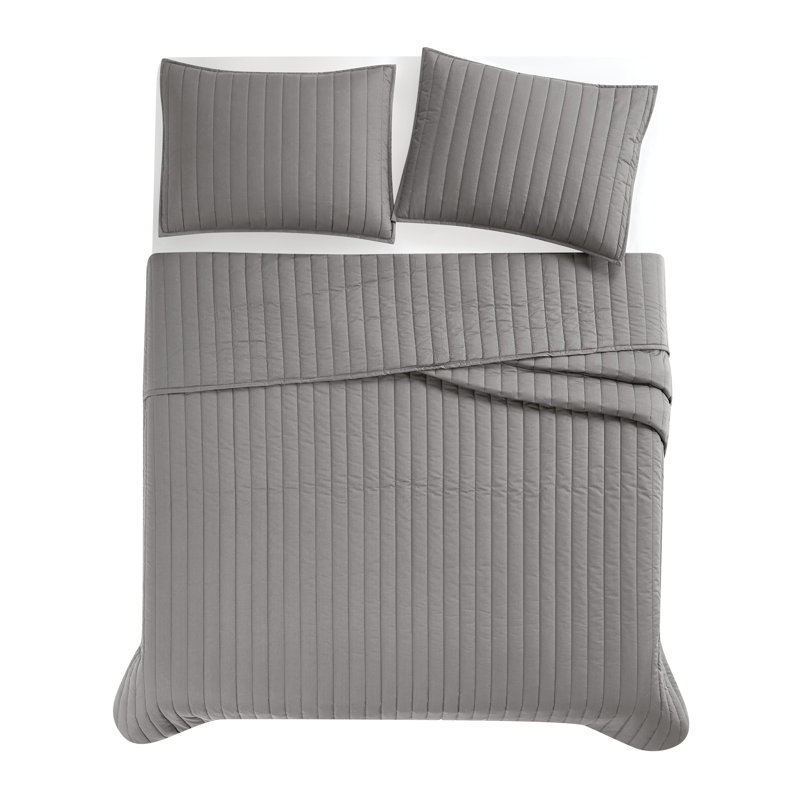 Brooklyn Loom Oversized Cotton Percale 3 Piece Quilt Set, Gray, King Quilt + 2 King Shams