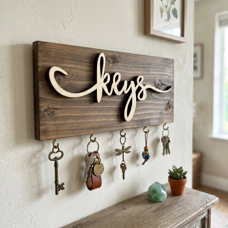 "Keys" Rustic Wood Wall-Mounted Key Holder