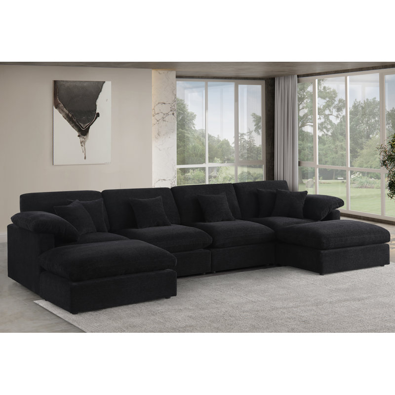 Canapé modulaire en forme de U de 6 pièces de 155,7 po avec repose-pieds amovible, Chenille noir