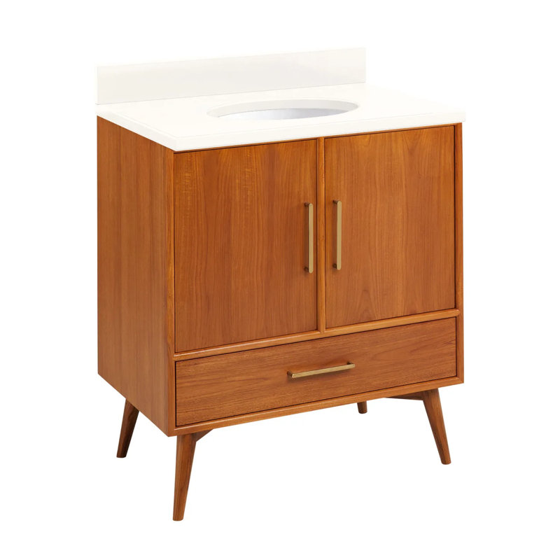 30" Novak Single Bathroom Vanity Set with Oval Undermount Sink, Arctic White Quartz, 8" Widespread, Natural Teak