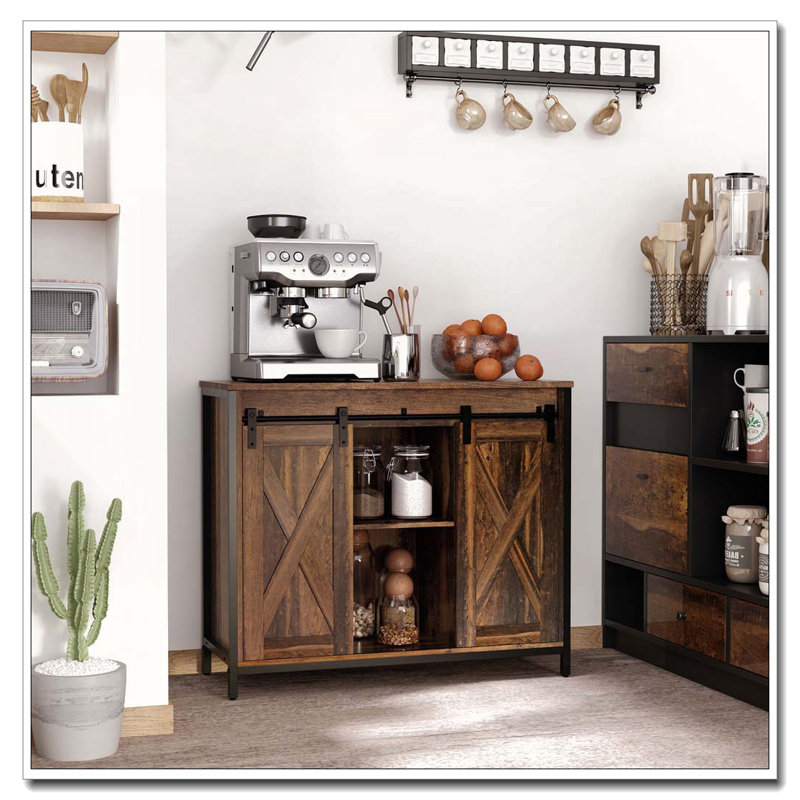 Armoire de cuisine avec portes de grange coulissantes, armoires de rangement et tablettes réglables
