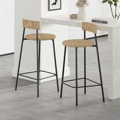 Tabourets de bar ronds en papier tissé à la main avec dossier et repose-pieds pour îlot de cuisine et salle à manger (ensemble de 2)