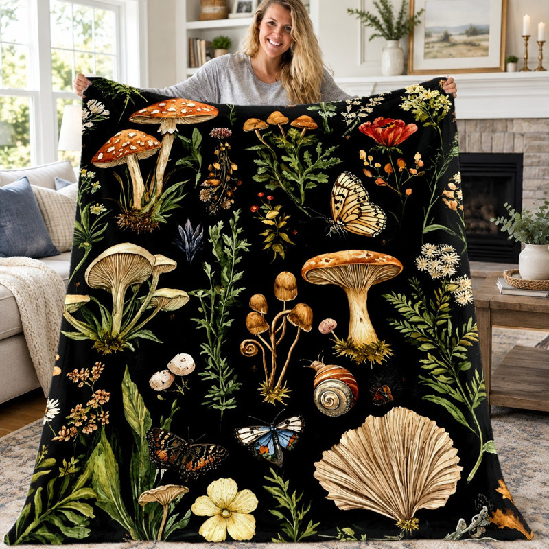 1pc Mushroom Blanket, Vintage Botanical Forest Theme Flannel Throw, Enchanting Woodland Creatures and Plants Pattern Cozy Blanket for Sofa Couch Bed Living Room Dorm Office Travel, Home Decor All‑Season Blanket,, Unique Gift