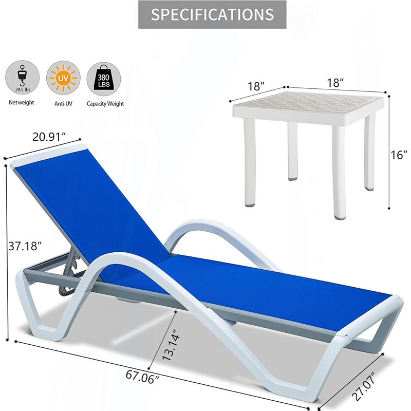 Chaise longue de patio, chaises longues de piscine réglables avec accoudoirs, chaises longues de piscine, 1 chaise longue + 1 table en plastique