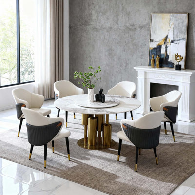 5PCS Modern 59-Inch Round Dining Table With 360° Smooth Lazy Susan, Stain & Heat Resistant Sintered Stone Tabletop & 4 PU Upholstered Curved Back Dining Chairs