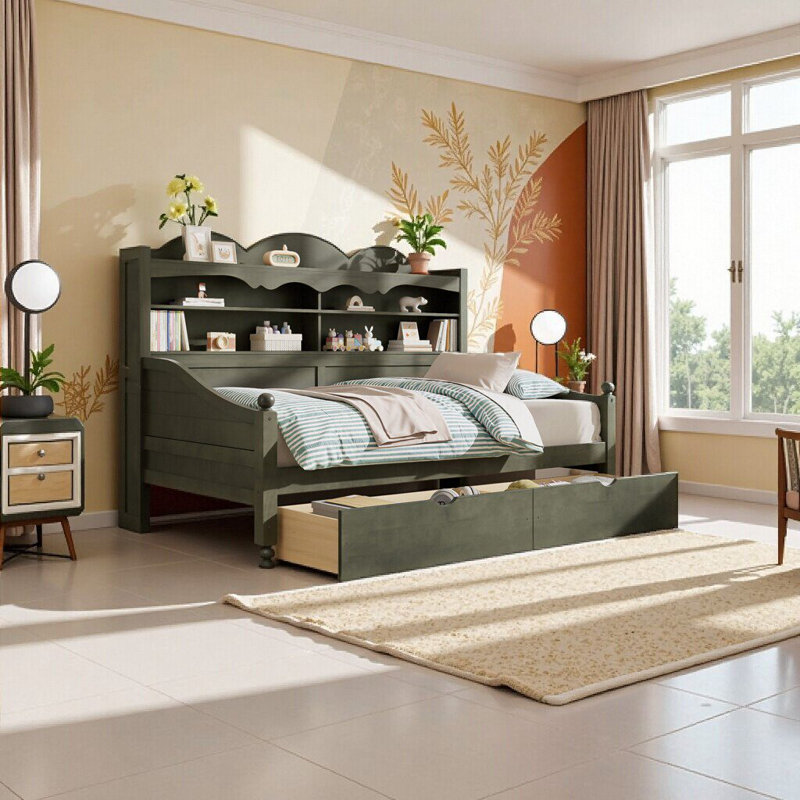 Retro Twin Daybed with Storage Drawers & Shelving - Antique Grey, Space-Saving Bed for Bedroom, Living Room, or Guest Room