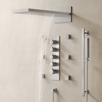 RelaxaJet Dual-Function Wall Mounted Waterfall & Rainfall Shower Faucet Set with Thermostatic Shower Head, Rough-In Valve Included