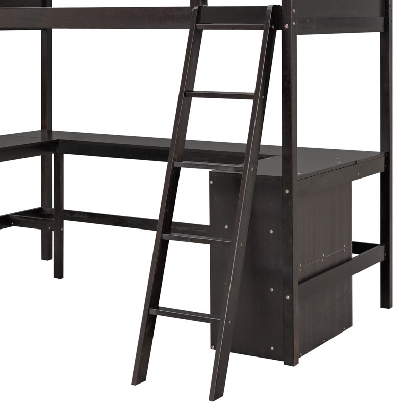 Twin Size Loft Bed With Desk, Wooden Loft Bed With Shelves,, Espresso