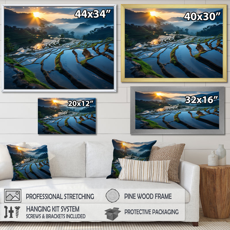 Coucher de soleil sur les champs chatoyants de Chine - art mural Chine, Cadre flottant noir, H 16 po x l 32 po x P 1 po