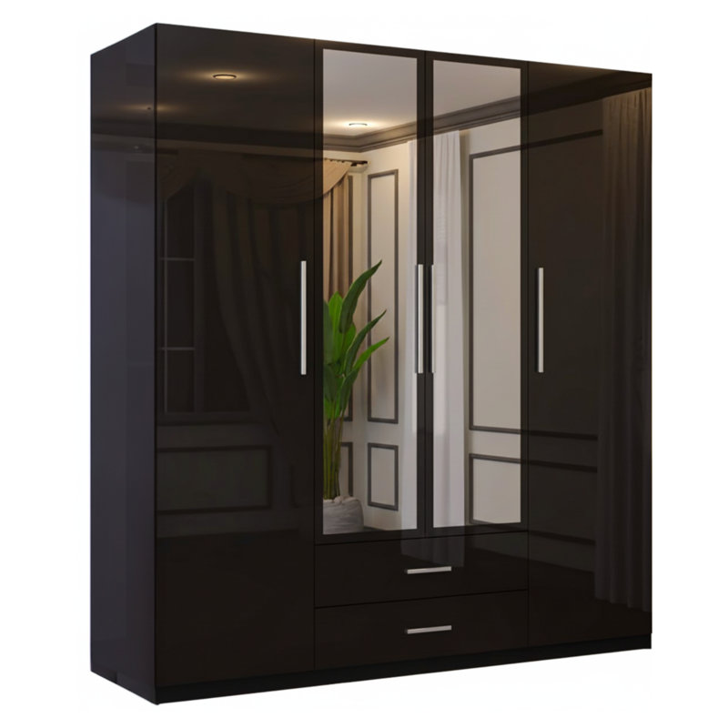 Modern 4 Door High Gloss Wardrobe with Mirror, Storage, Drawers, Shelves & Hanging Rails, White/Black/Grey | Bedroom Cupboard