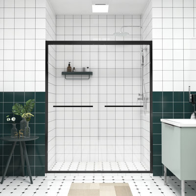 Aluminum Alloy Double Sliding Shower Door With 1/4"  6Mm  Clear Tempered Glass, Handle, Easy Installation, Reversible Installation For Bathroom Waterproof Design,