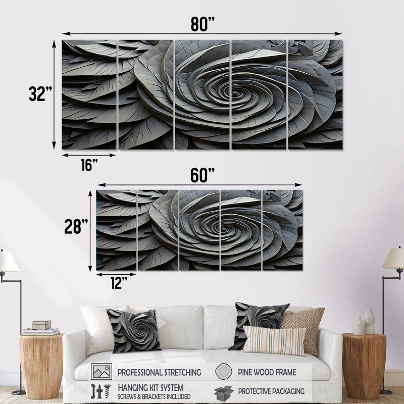 «Grey Spiraling Abstrract Flowers - Abstract Spirals», art mural 5 pièces, H 28 po x l 60 po