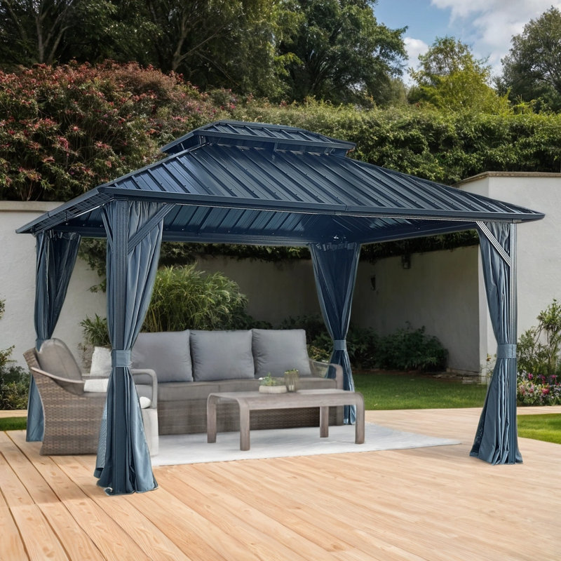 Galvanized Steel Double Roof Gazebo 10'x10'/10'x12'/12'x12'- Sturdy Aluminum Frame with Netting & Curtains for Lawn, Patio, Backyard