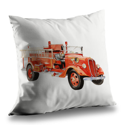 Vintage Fire Truck Red Poly Twill Throw Pillow – Poly Twill Throw Pillow with Insert, Double-Sided Print