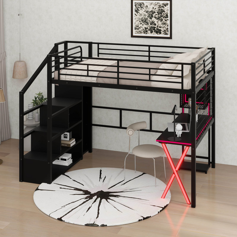 Lit mezzanine double en métal avec bureau intégré et garde-robe