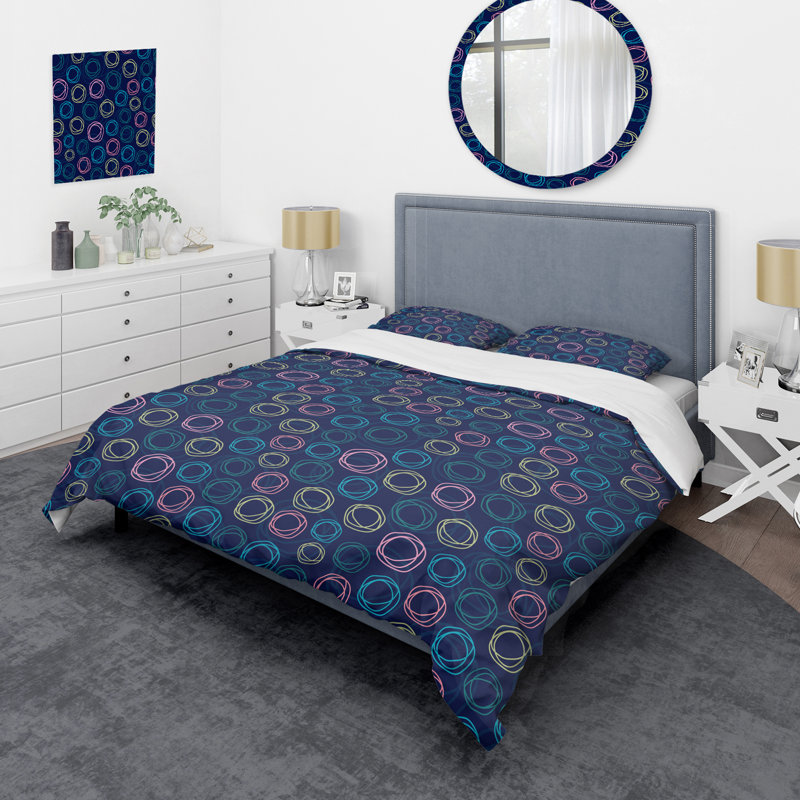 Motif de cercles bleus et roses - ensemble de housse de couette abstrait - microfibre de polyester