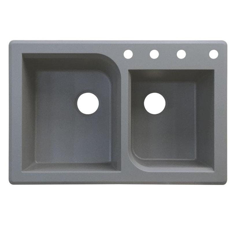 Radius 33.0625'' L Drop-In Double Bowl Granite Kitchen Sink, 4 hole, Gray