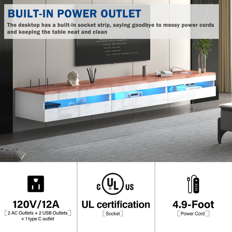 Floating TV Stand - Floating Entertainment Center with LED Light & Charging Station, Floating TV Shelf with Storage for Small Spaces, Apartments, Media Console for TVs