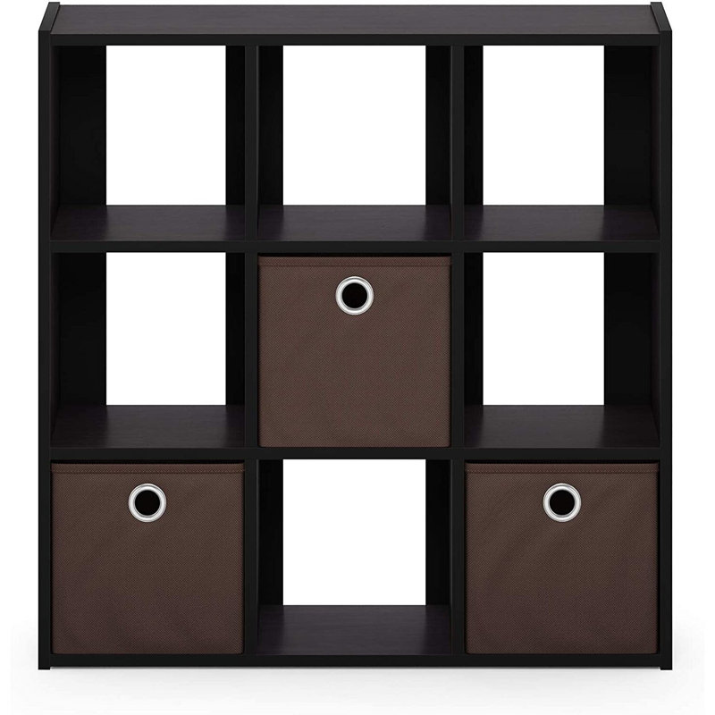 Rangement simpliste à 9 cubes avec bacs - Noyer foncé