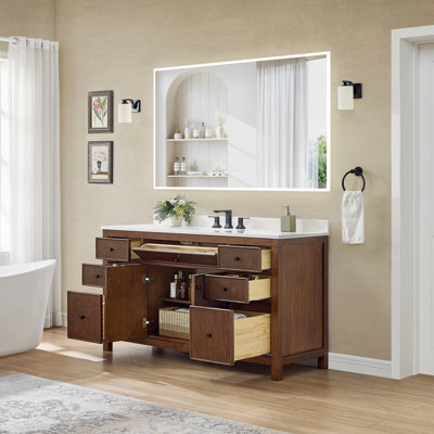 Pendry 60 Inch Single Bathroom Vanity in Dark Walnut, Carrara Cultured Marble Countertop, Undermount Square Sink (3-Hole), Brushed Gold Trim