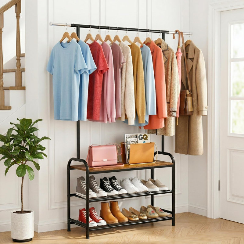 Extendable Rod Clothing Rack with Shoe Bench Rack, Freestanding Garment Coat Rack