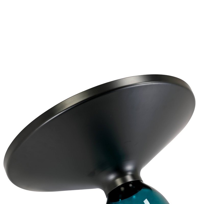 19" Round Side End Table Glass/Sintered Stone Top With Powder-Coated Black Rim And Tempered Glass Base, Blue, Black