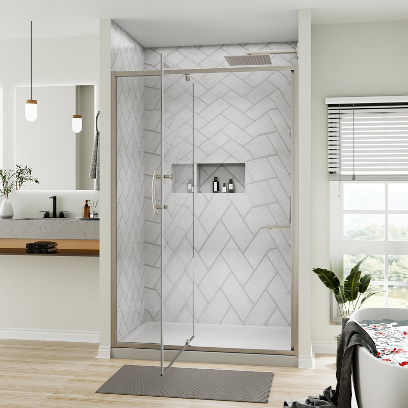38-42"W x 71"H Pivot-Hinged Semi-Frameless Shower Door With Clear Glass, Brushed Nickel