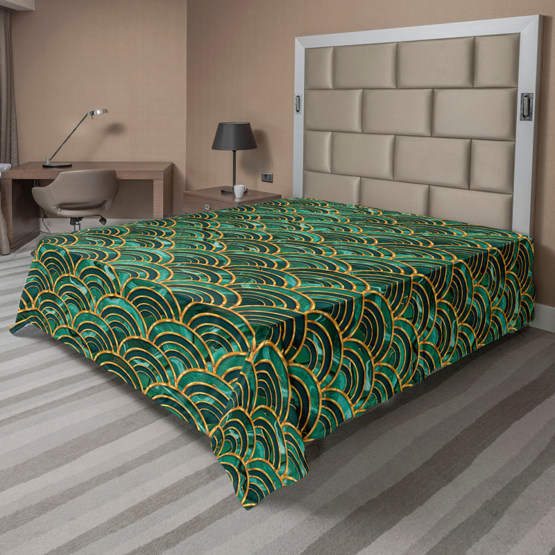 Ambesonne drap plat rétro à vagues dorées et imprimé grunge vert forêt et caramel pâle, Drap plat de taille double