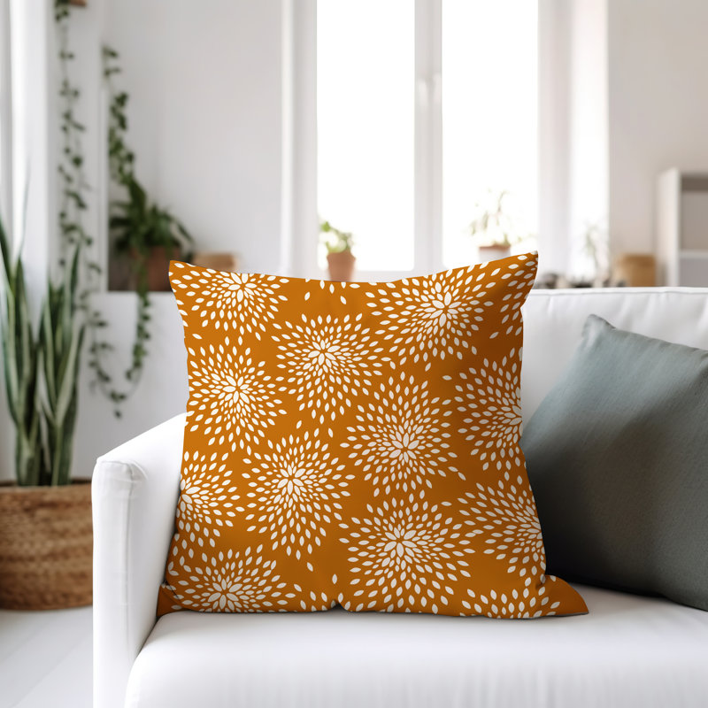 Coussin décoratif intérieur / extérieur en polyester filé floral Bavière, H 15 po x l 15 po, Orange/Crème