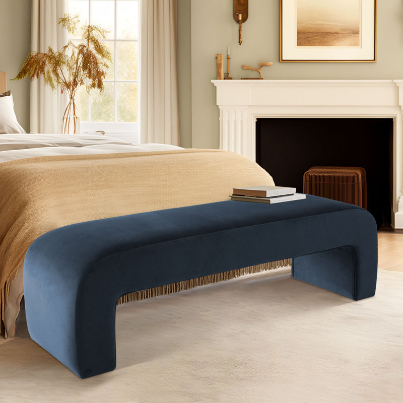 Floranda 60" Fully Velvet Upholstered Waterfall Entryway Bedroom Bench, Blue