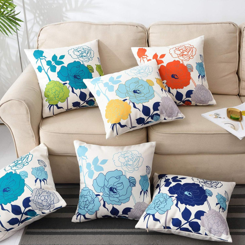 Ensemble de 2 housses de coussin d'extérieur en lin de coton pour les meubles de patio, Bleu sarcelle / gris / turquoise