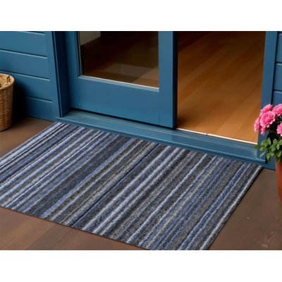 Tapis extérieur lavable rayé bleu et gris 3 pi x 5 pi