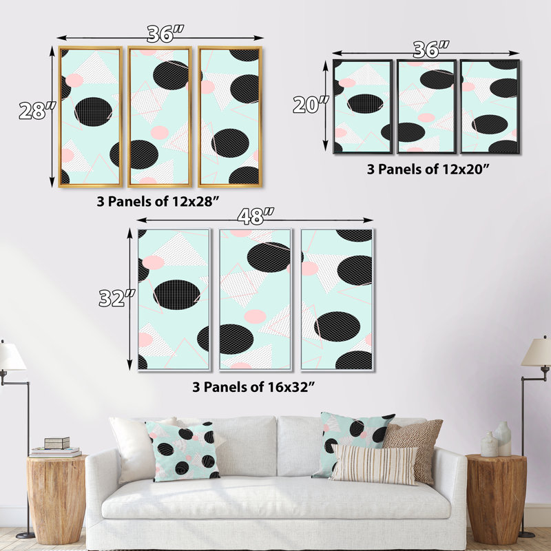 «Black Circlels on Pastel Blue and Pink Geometrics», ensemble de 3 impressions sur toile flottante encadrées