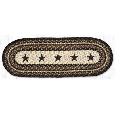 Earth Rugs 13"x36" Black Stars Oval Braided Table Runner in Natural Jute