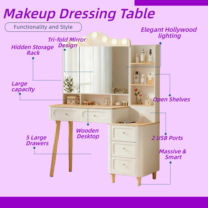 Modern Makeup Vanity Desk With Tri-Fold Mirror Integrated LED Lighting & USB Charging Hidden Storage & Drawers White Oak Finish
