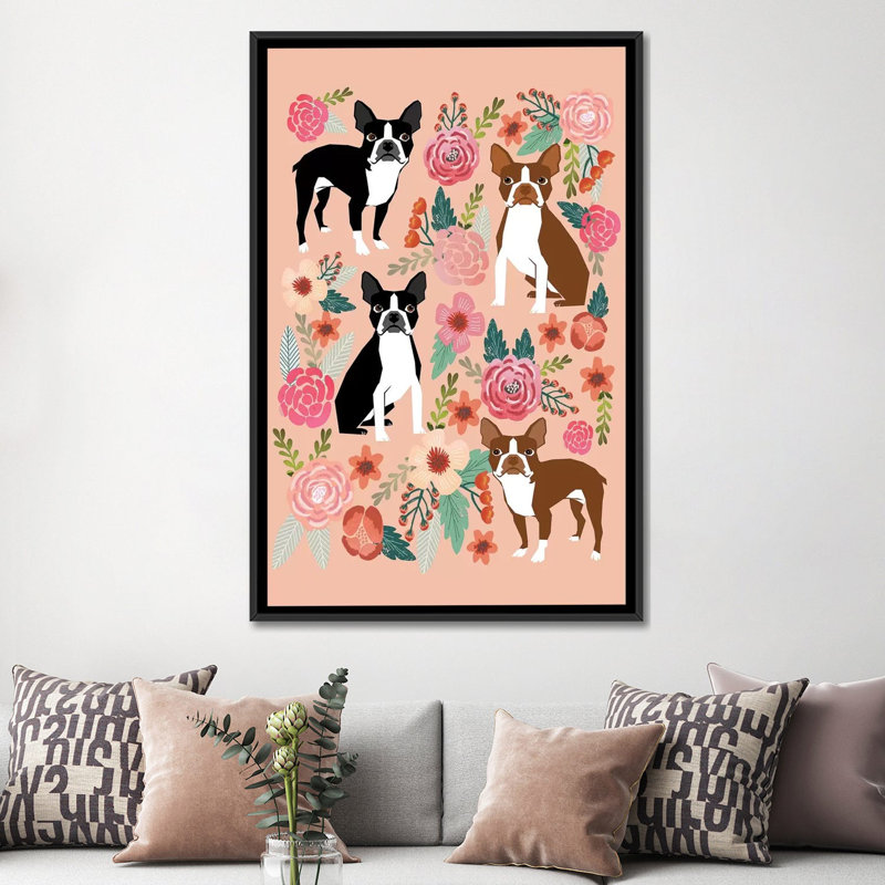 « boston terrier floral collage ii », impression sur toile tendue, H 26 po x l 18 po x P 1,5 po, Toile avec cadre noir
