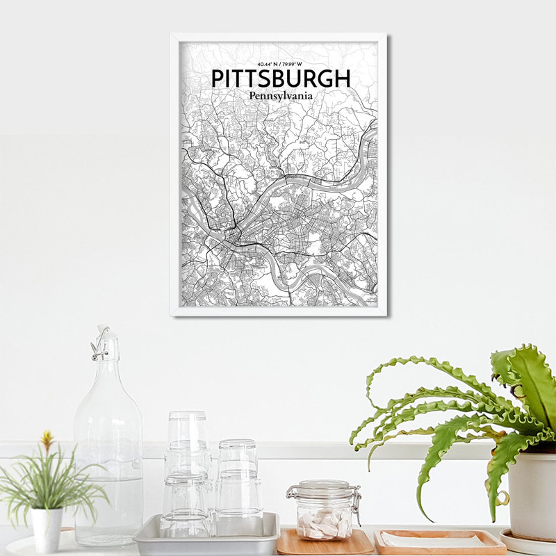 Pittsburgh City Map, impression, Gris / blanc, H 24 po x l 18 po