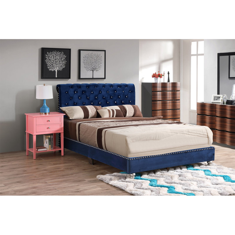Transitional Navy Blue Upholstered Full Bed