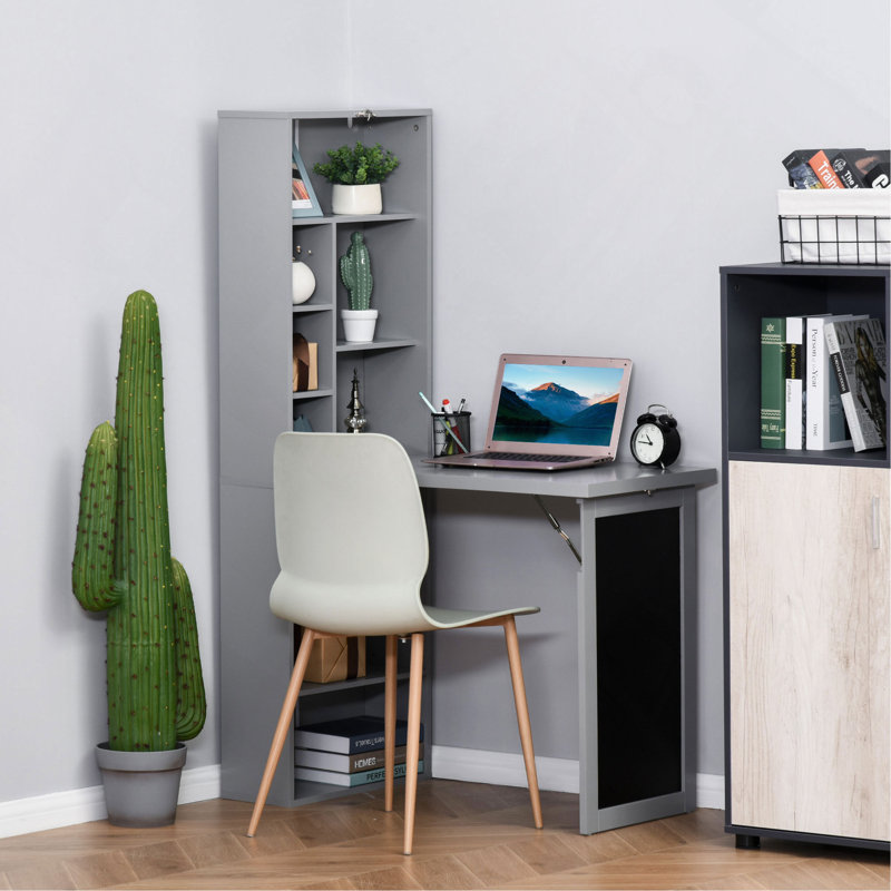 Fold-Out Convertible Writing Table Wall Mount Desk Cabinet With Blackboard And Side Shelf Multi-Function Home Office Workstation