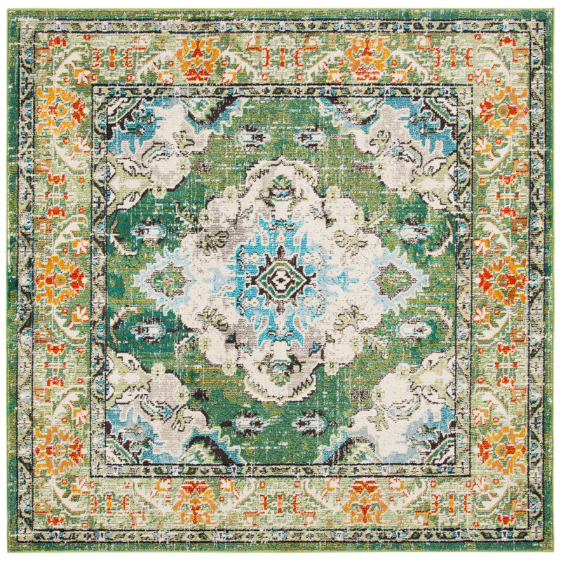 Tapis oriental Almyra, Carré 8 pi, Vert forêt / bleu clair
