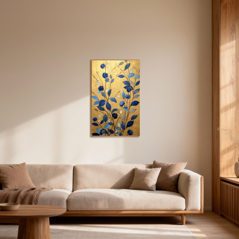 Plantes et fleurs à feuilles bleues sur fond doré, H 16 po x l 24 po