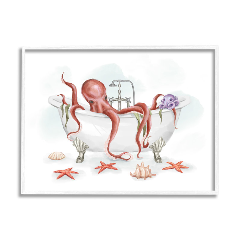 «Red Octopus Nautical Claw Bath Sea Shells» par Ziwei Li - impression, H 16 po x l 20 po, Giclée encadrée blanc bord de mer
