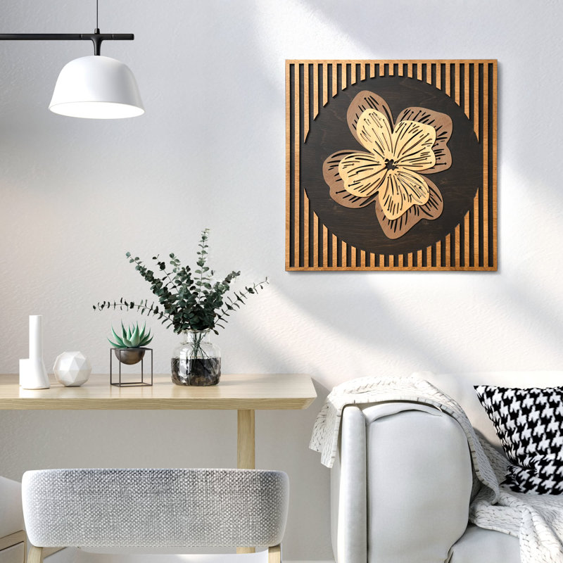 Art mural floral en bois - Décor en relief de fleurs modernes en couches 3D (petit, sans cadre)