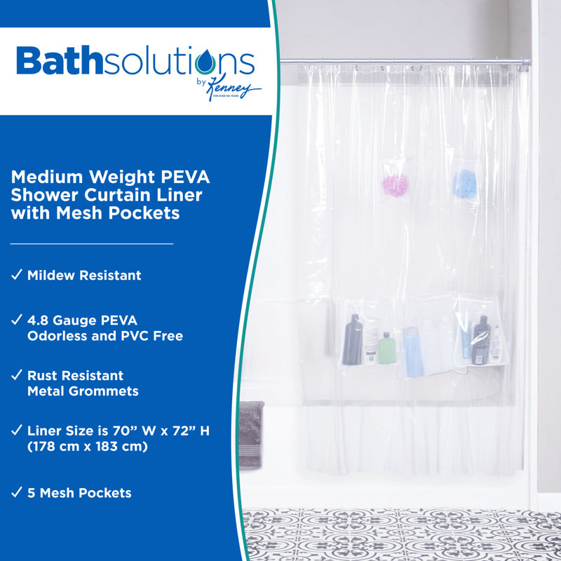 Clear PEVA Shower Curtain Liner with Mesh Storage Pockets