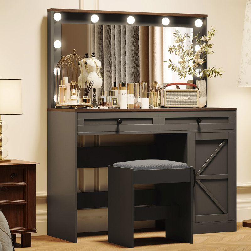 Bureau de coiffeuse 43,4 po avec 11 lumières à DEL, luminosité réglable, 3 tiroirs de rangement, bureau pour femmes, noir pour femme, luminosité réglable, 3, tabouret de table de maquillage
